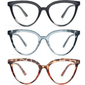 KoKoBin Cat Eye Reading Glasses for Women 3 Pack Stylish Design lue Light Blocking Spring Hinges Readers