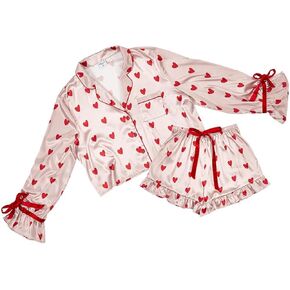 Bella Matching Pajama Sleep Set For Women, Cropped Long Sleeve Shorts 2-Piece Loungewear, Satin Velvet Ties, Red Hearts