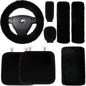 Pinbola 8 Packs Fluffy Car Seat Cover Full Set Cow Print Faux Wool Steering Wheel Cover Handbrake Shift Cover Center Console Pad Seatbelt Pads Universal Fit (A-Black)