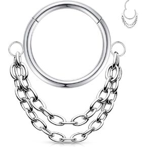16G 316L Hinged Septum Ring Dangle Chain Nose Ring Surgical Steel Daith Earrings Conch Daith Rook Tragus Piercing Jewelry Small Hoop Earring