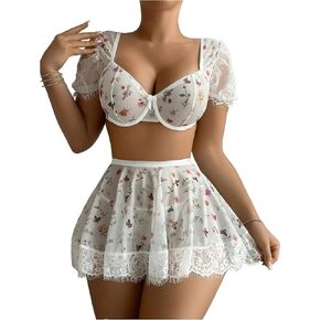 MakeMeChic Women's 3 Piece Lingerie Sets Floral Print Puff Sleeve Bra Thongs and Skirt Set