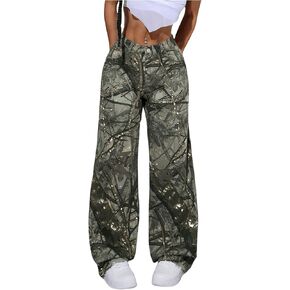 Floerns Women's Realtree Camo Print Jeans Low Waist Hunting Straight Leg Denim Pants