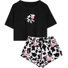 Hilinker Womens Graphic Print 2 Piece Pajamas Short Sleeve Crop Top with Shorts Soft Loung Set