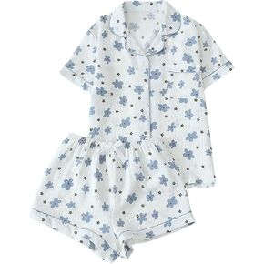 Women's Two Piece Pajama Set Floral Print Button Down Short Sleeve Top and Shorts Pajama Set