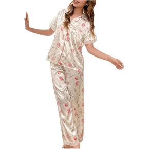 Verdusa Women's 2 Piece Satin Floral Print Pajama Sets Button Up Shirts with Pants