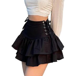 Womens Y2k A Line Mini Skirt Ruffle Tiered Skirt Sexy Lace-Up Short Girls Casual Black Skirts