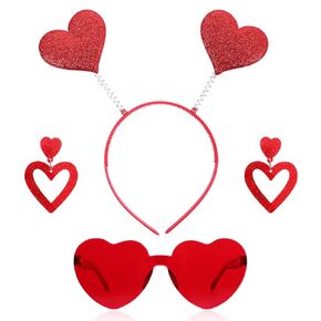 3Pcs Red Heart Headbands Heart Shape Rimless Clear Fun Sunglasses and Heart Earrings Valentines Costume Sets for Valentine Holiday Wedding Birthday Cosplay Costume Accessories
