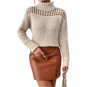 MakeMeChic Women's Turtleneck Sweater Hollow Out Long Sleeve Sweater Chunky Pullover Top