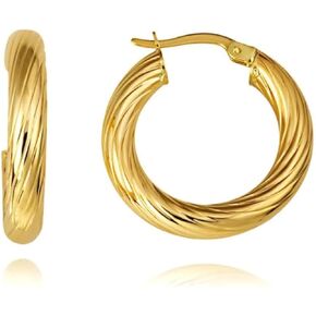 Twisted Hoop Latch Back Earrings Real Solid 14K Yellow Gold