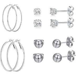 MDFUN 6 Pairs Stainless Steel Stud and Hoop Earrings Set for Women Lightweight Huggie Hoops Hypoallergenic Cubic Zirconia Stud Earrings Ball Studs Piercing Jewellery Pack of 6