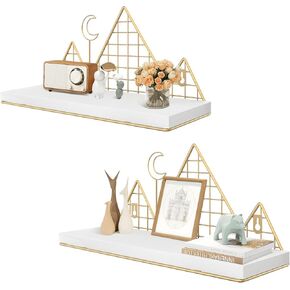 Homode Floating Shelves, Set of 2 Mountain Wall Shelves, Rustic Wood Display Storage Shelf with Metal Wire, Geometric Decor for Bathroom, Nursery, Bedroom, Office, Brown and Black