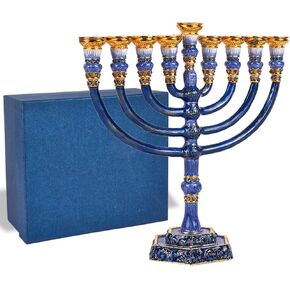 Zion Judaica Temple Style Menorah Menorah – Solid-Weight Chanukaiah Fits Standard Chanukah Candles Gift Boxed Minorah Candelabra (Dark Blue & Gold)