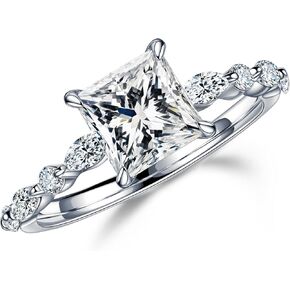 MOOSEA Princess Cut Moissanite Engagement Rings for Women, 1.5ct D Color VVS1 Clarity Lab Created Diamond Rings 14K White Gold Vermeil Marquise and Round Moissanite Rings for Women Gifts