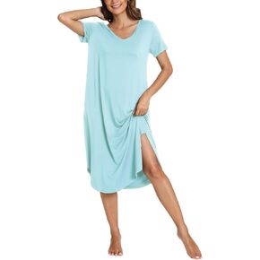Bamboo Viscose Nightgowns for Women Short Sleeve V Neck Night Shirts with Pockets