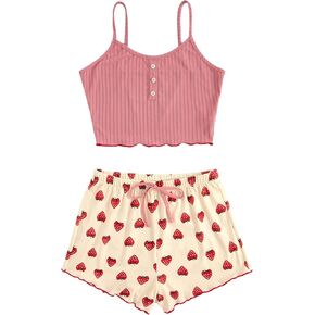 SweatyRocks Women's Half Button Floral Print Cami Top and Shorts Sleepwear Ribbed Pajamas Set