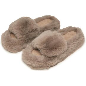 Funky Junque Women's Faux Fur Memory Foam Open Toe Indoor Outdoor Fuzzy Slippers with Non Slip Sole, Cozy Bedroom Slides