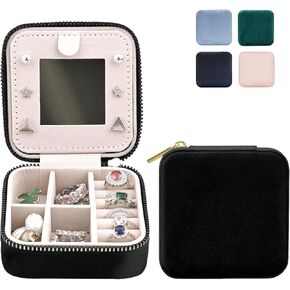 Plush Velvet Travel Jewelry Case, Travel Jewelry Organizer, Jewelry Travel Box, Small Portable Organizer Boxes with Mirror for Rings Earrings Necklaces Bracelets（Blue）