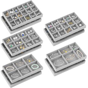 10 Pcs Stackable Jewelry Organizer Trays, Velvet Drawer Jewelry Organizer, Jewelry Storage Display Case for Ring, Earring, Necklace, Bracelet (Grey)