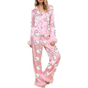 Aopwsrlyi Christmas Pajama Sets for Women Feather Trim Long Sleeve Button Down Shirt and Pants 2 Piece Pjs Plaid Sleepwear
