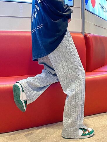 OYOANGLE Men's Letter Patch Side Split Drawstring Waist Sweatpants Textured Pockets Straight Leg Pants in Saudi Arabia