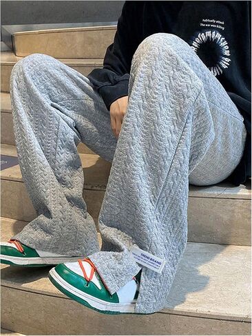 OYOANGLE Men's Letter Patch Side Split Drawstring Waist Sweatpants Textured Pockets Straight Leg Pants in Saudi Arabia