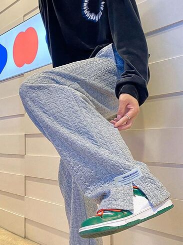 OYOANGLE Men's Letter Patch Side Split Drawstring Waist Sweatpants Textured Pockets Straight Leg Pants in Saudi Arabia