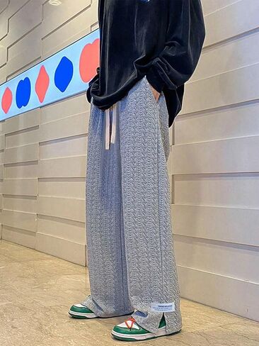 OYOANGLE Men's Letter Patch Side Split Drawstring Waist Sweatpants Textured Pockets Straight Leg Pants in Saudi Arabia