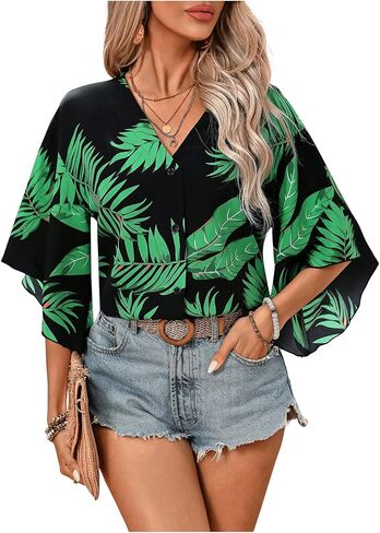 SOLY HUX Women's V Neck Button Down Shirt Half Sleeve Blouse Tropical Print Casual Vacation Tops in Saudi Arabia