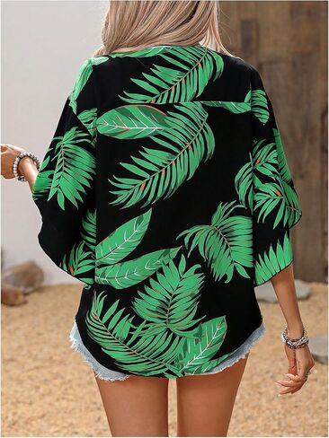 SOLY HUX Women's V Neck Button Down Shirt Half Sleeve Blouse Tropical Print Casual Vacation Tops in Saudi Arabia