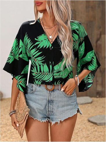 SOLY HUX Women's V Neck Button Down Shirt Half Sleeve Blouse Tropical Print Casual Vacation Tops in Saudi Arabia