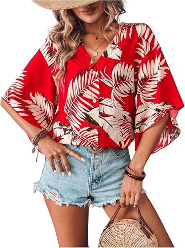 SOLY HUX Women's V Neck Button Down Shirt Half Sleeve Blouse Tropical Print Casual Vacation Tops in Saudi Arabia