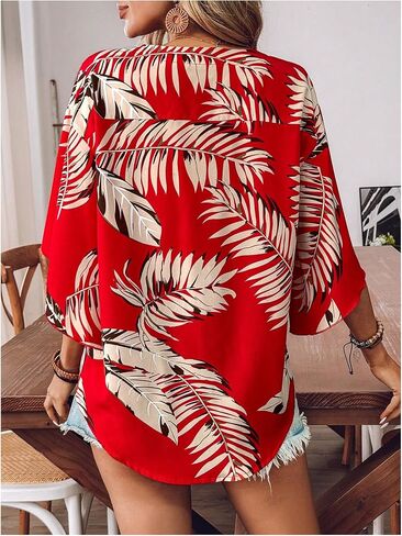SOLY HUX Women's V Neck Button Down Shirt Half Sleeve Blouse Tropical Print Casual Vacation Tops in Saudi Arabia