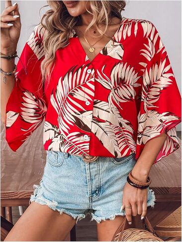 SOLY HUX Women's V Neck Button Down Shirt Half Sleeve Blouse Tropical Print Casual Vacation Tops in Saudi Arabia
