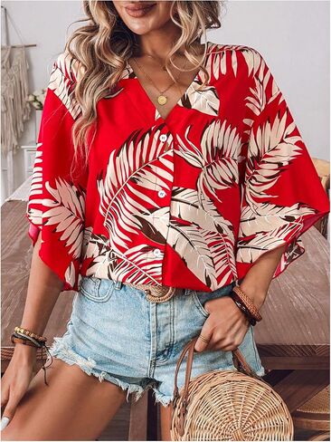 SOLY HUX Women's V Neck Button Down Shirt Half Sleeve Blouse Tropical Print Casual Vacation Tops in Saudi Arabia