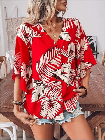 SOLY HUX Women's V Neck Button Down Shirt Half Sleeve Blouse Tropical Print Casual Vacation Tops in Saudi Arabia