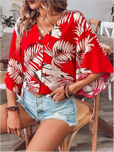 SOLY HUX Women's V Neck Button Down Shirt Half Sleeve Blouse Tropical Print Casual Vacation Tops in Saudi Arabia
