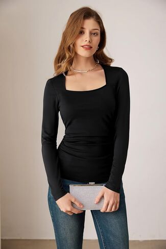 GRACE KARIN Women's Long Sleeve Square Neck Tops Ruched Fitted T Shirts Slimming Tight Going Out Tops Fall Basic Casual Top in Saudi Arabia