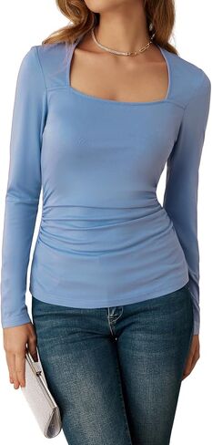 GRACE KARIN Women's Long Sleeve Square Neck Tops Ruched Fitted T Shirts Slimming Tight Going Out Tops Fall Basic Casual Top in Saudi Arabia
