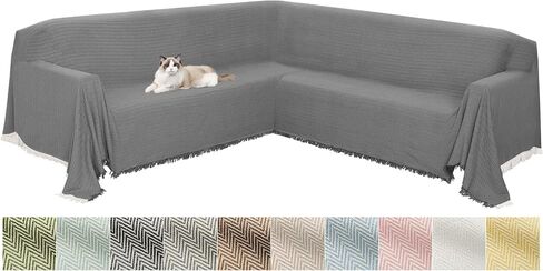 HDCAXKJ Sectional Couch Covers L Shape Corner Sofa Cover Blanket Jacquard Knitted U Shaped Sofa Slipcovers with Tassel Soft Washable Non Slip Pet Dog Furniture Protector (Grey, 91x276 inch) in Saudi Arabia