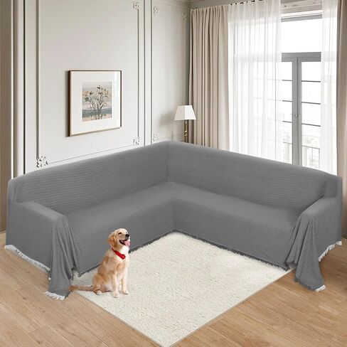 HDCAXKJ Sectional Couch Covers L Shape Corner Sofa Cover Blanket Jacquard Knitted U Shaped Sofa Slipcovers with Tassel Soft Washable Non Slip Pet Dog Furniture Protector (Grey, 91x276 inch) in Saudi Arabia