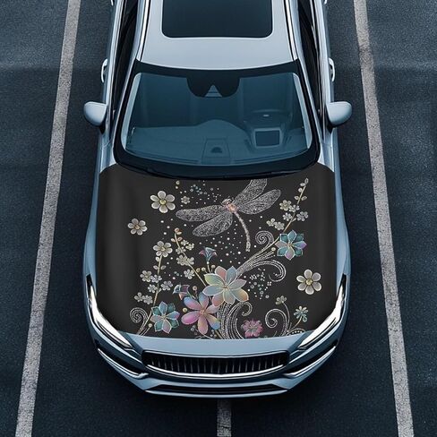 Floral Dragonfly Print Car Hood Cover Stretch Polyester Car Hood Cover Automotive Accessories Suitable Most Automotive Sedans Trucks Pickup Sports Cars in Kuwait