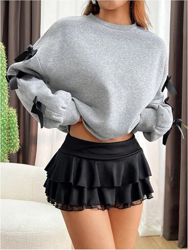 GORGLITTER Women's Bow Crewneck Sweatshirt Long Sleeve Drop Shoulder Coquette Pullover Sweatshirts Top in Saudi Arabia