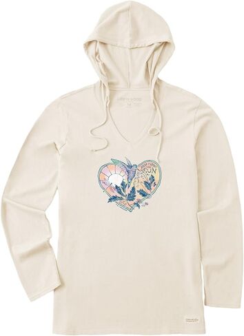 الحياة جيدة. تي شيرت بغطاء للرأس بأكمام طويلة على شكل قلب Dreamy Hummingbird للسيدات من Crusher-LITE (US، Alpha، X-Large، عادي، عادي، أبيض المعجون) in Kuwait