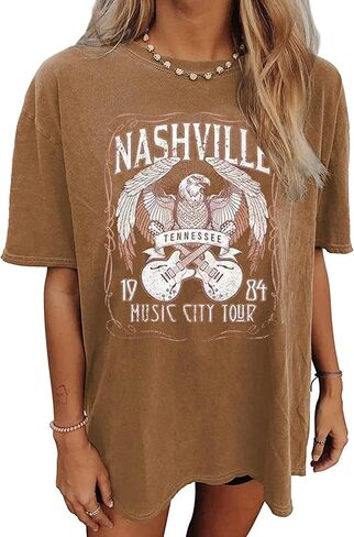 Nashville Music City T-Shirt Women Country Music Oversized Shirts Rock Band Tshirt Vintage Guitar Wings Graphic Tees in Kuwait