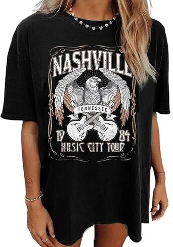 Nashville Music City T-Shirt Women Country Music Oversized Shirts Rock Band Tshirt Vintage Guitar Wings Graphic Tees in Kuwait