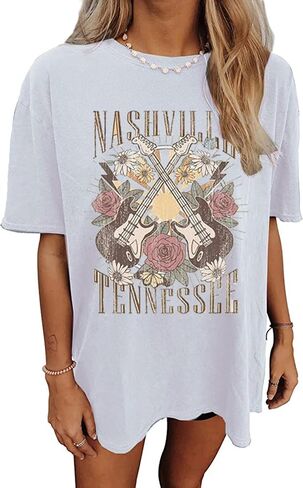 Nashville Music City T-Shirt Women Country Music Oversized Shirts Rock Band Tshirt Vintage Guitar Wings Graphic Tees in Kuwait
