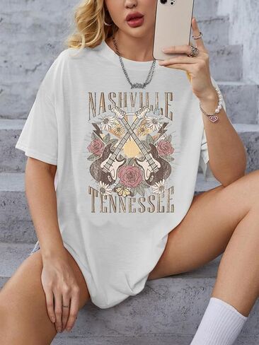 Nashville Music City T-Shirt Women Country Music Oversized Shirts Rock Band Tshirt Vintage Guitar Wings Graphic Tees in Kuwait