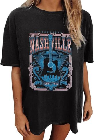 Nashville Music City T-Shirt Women Country Music Oversized Shirts Rock Band Tshirt Vintage Guitar Wings Graphic Tees in Kuwait