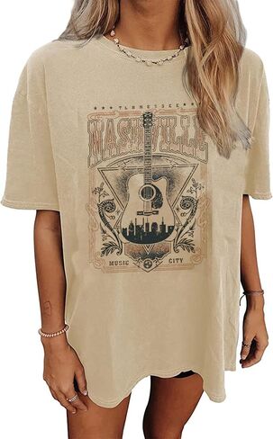 Nashville Music City T-Shirt Women Country Music Oversized Shirts Rock Band Tshirt Vintage Guitar Wings Graphic Tees in Kuwait