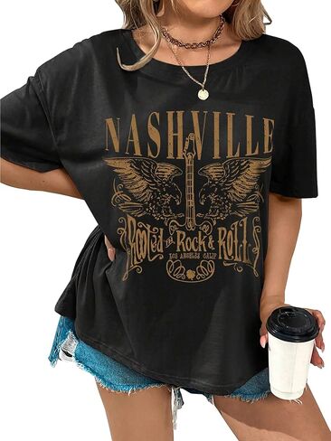 Nashville Music City T-Shirt Women Country Music Oversized Shirts Rock Band Tshirt Vintage Guitar Wings Graphic Tees in Kuwait